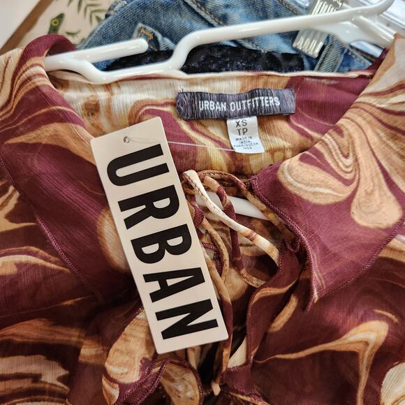 Urban Outfitters Misty Marble Tie-Front Blouse Long Sleeve Brown Tan Size XS NWT - Picture 10 of 13